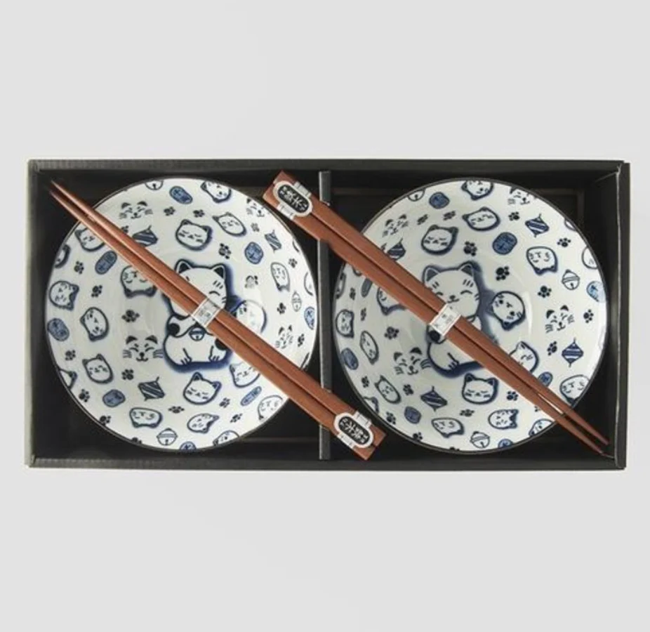 Blue Maneki Cat 2 piece boxed bowl set 15cm - Image 3