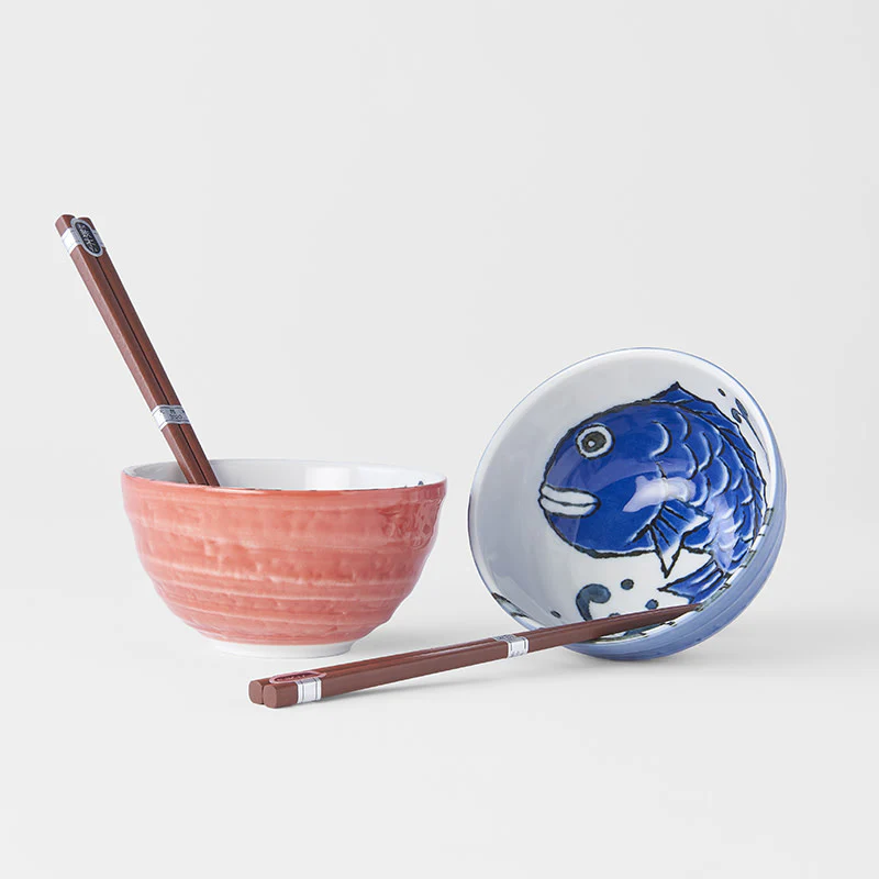 Red and blue on white manga fish 2 piece boxed bowl set 13cm - Image 3