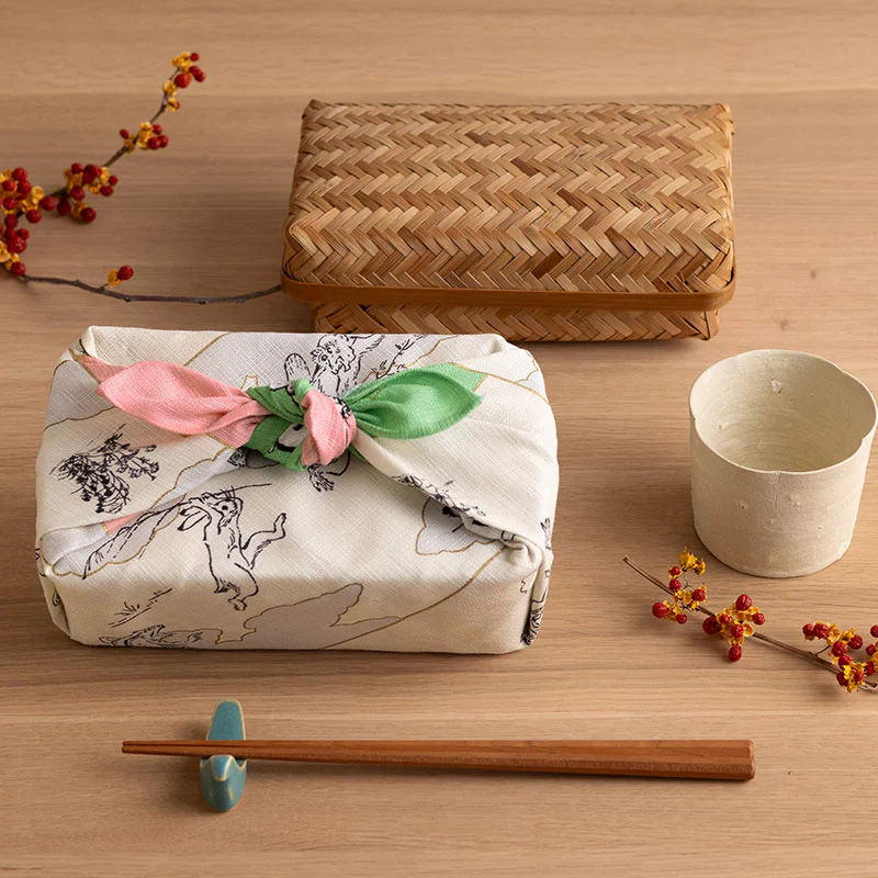 Furoshiki Organic Cotton - Scrolls of Frolicking Animals Green Pink 50cm - Image 2