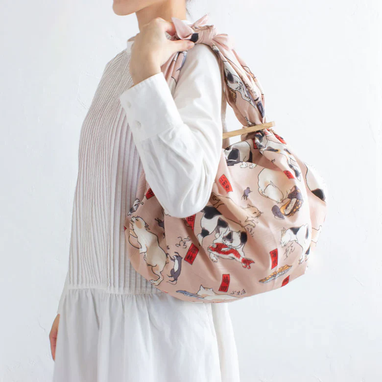 Furoshiki Patchin Bag L Cotton - Cats The Fifty Three Stations Of The Tokaido Pink
