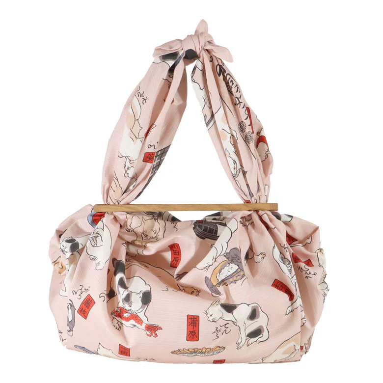 Furoshiki Patchin Bag L Cotton - Cats The Fifty Three Stations Of The Tokaido Pink - Image 2