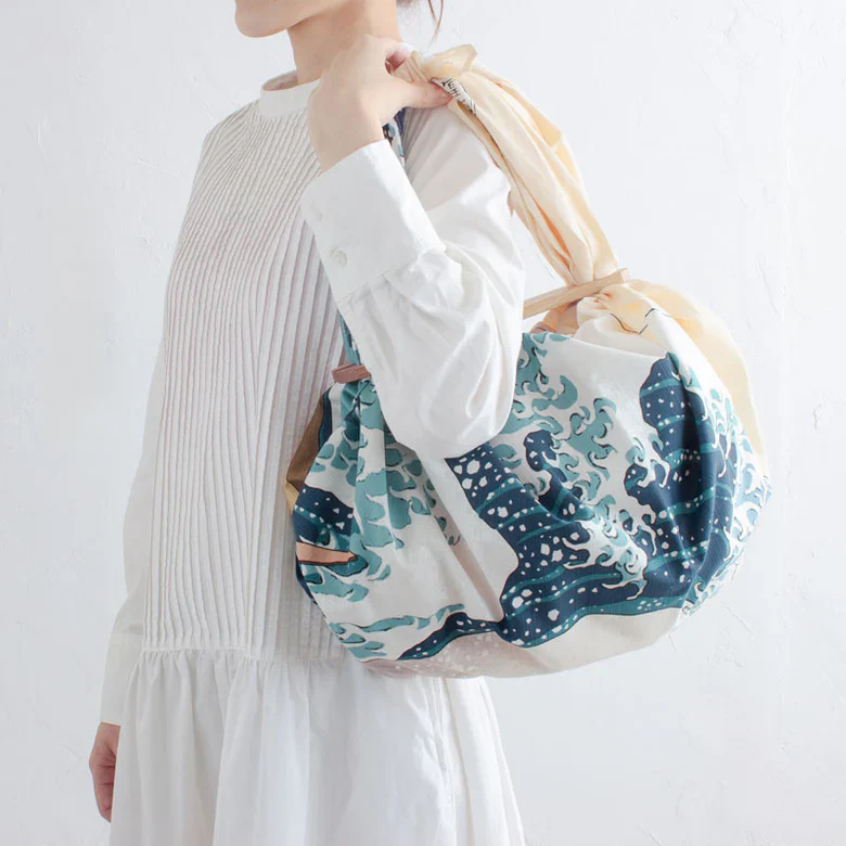 Furoshiki Patchin Bag L Cotton - Under the Wave Off Kanagawa Beige