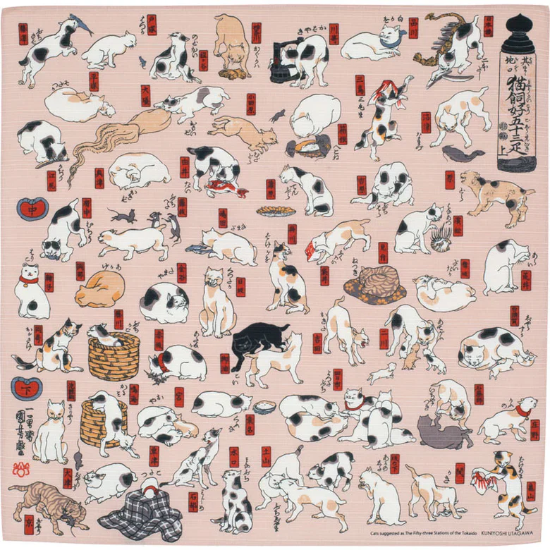 Furoshiki Ukiyo-e - Cats The Fifty Three Stations Of The Tokaido Pink 48cm