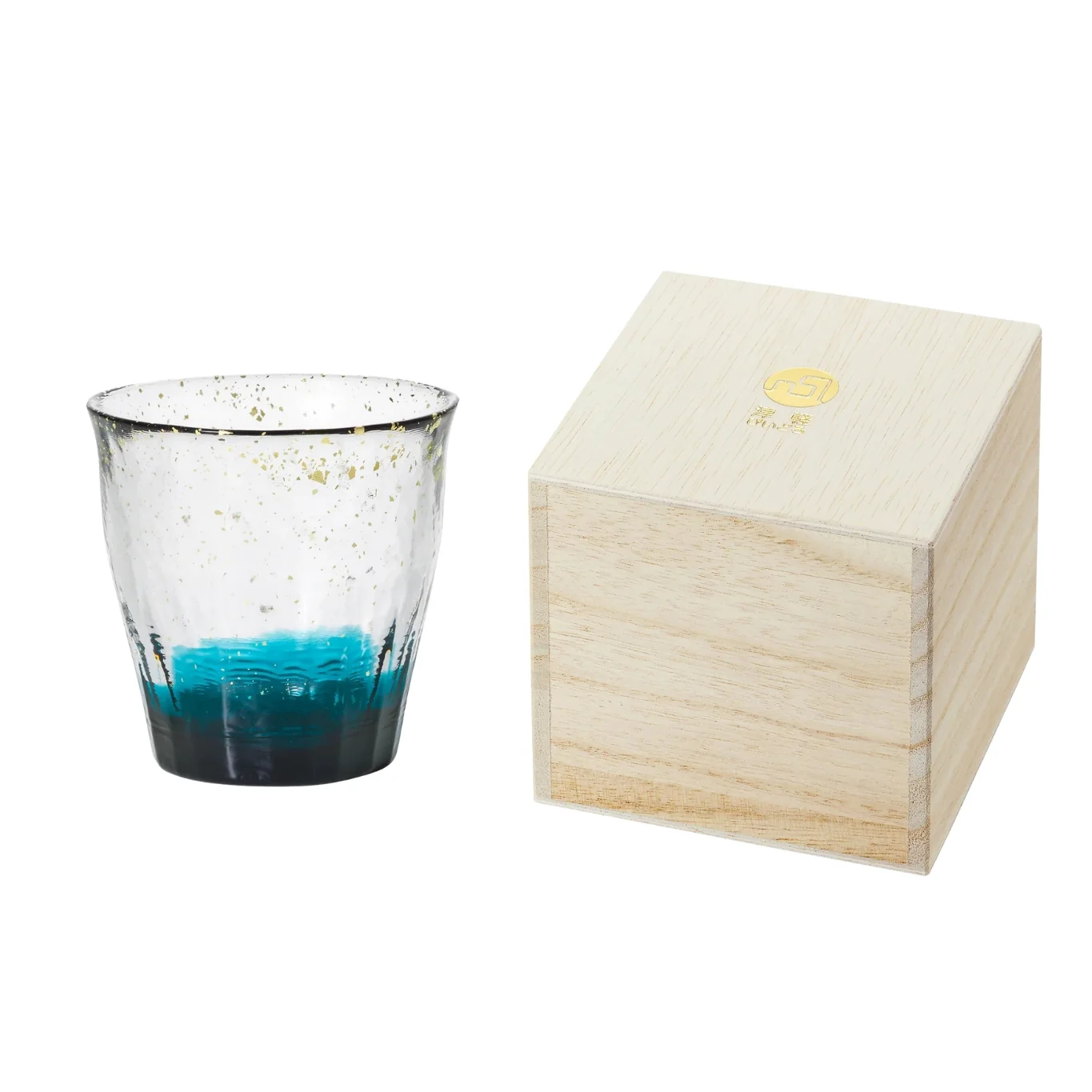 Gold Rim Rock Glass Wooden Gift Boxed - Deep Blue & Clear