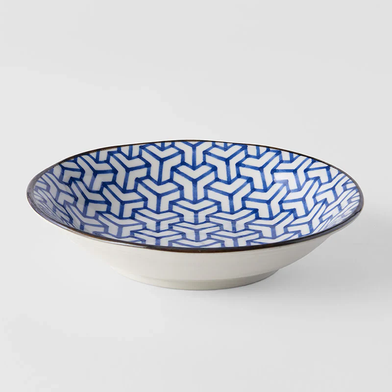 Indigo Herringbone Ikat Shallow Open Bowl 20.5cm