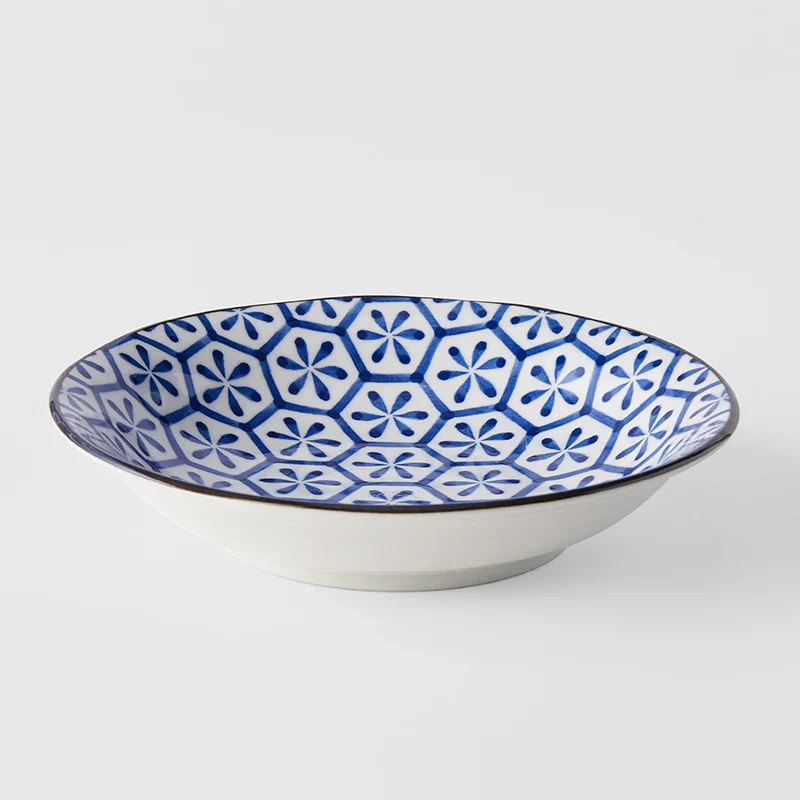 Indigo Hexagon Flower Ikat Shallow Open Bowl 20.5cm