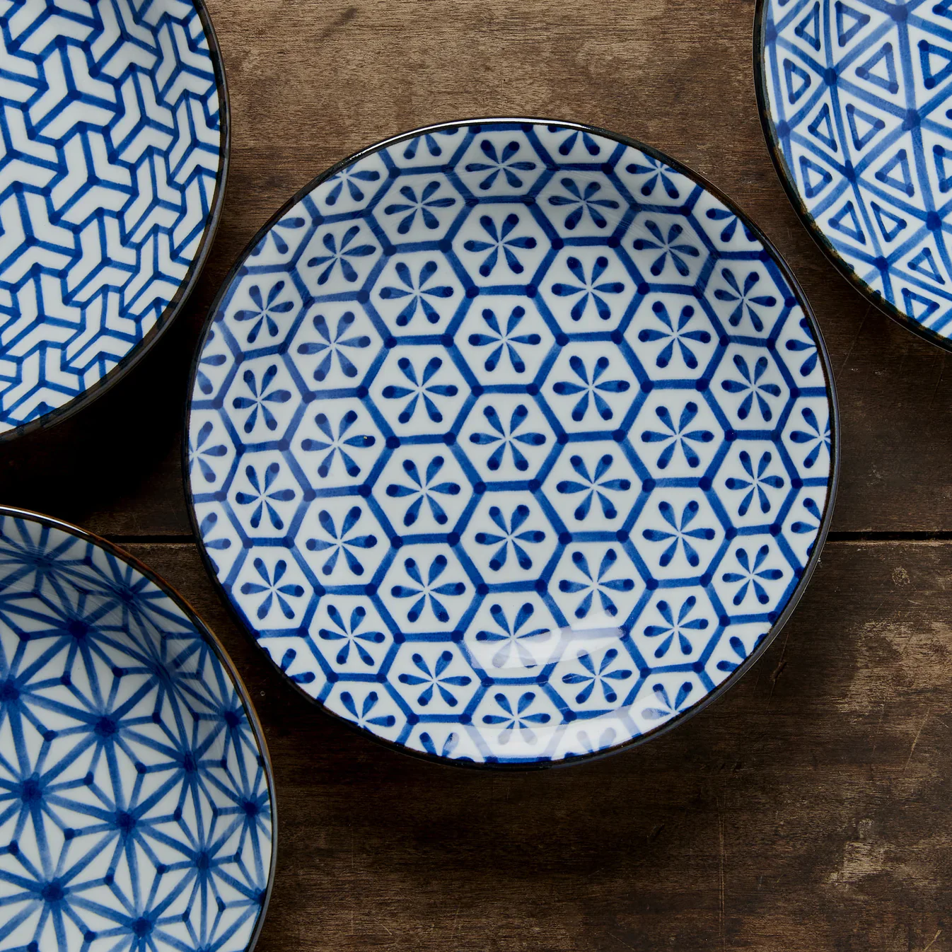 Indigo Hexagon Flower Ikat Shallow Open Bowl 20.5cm - Image 4