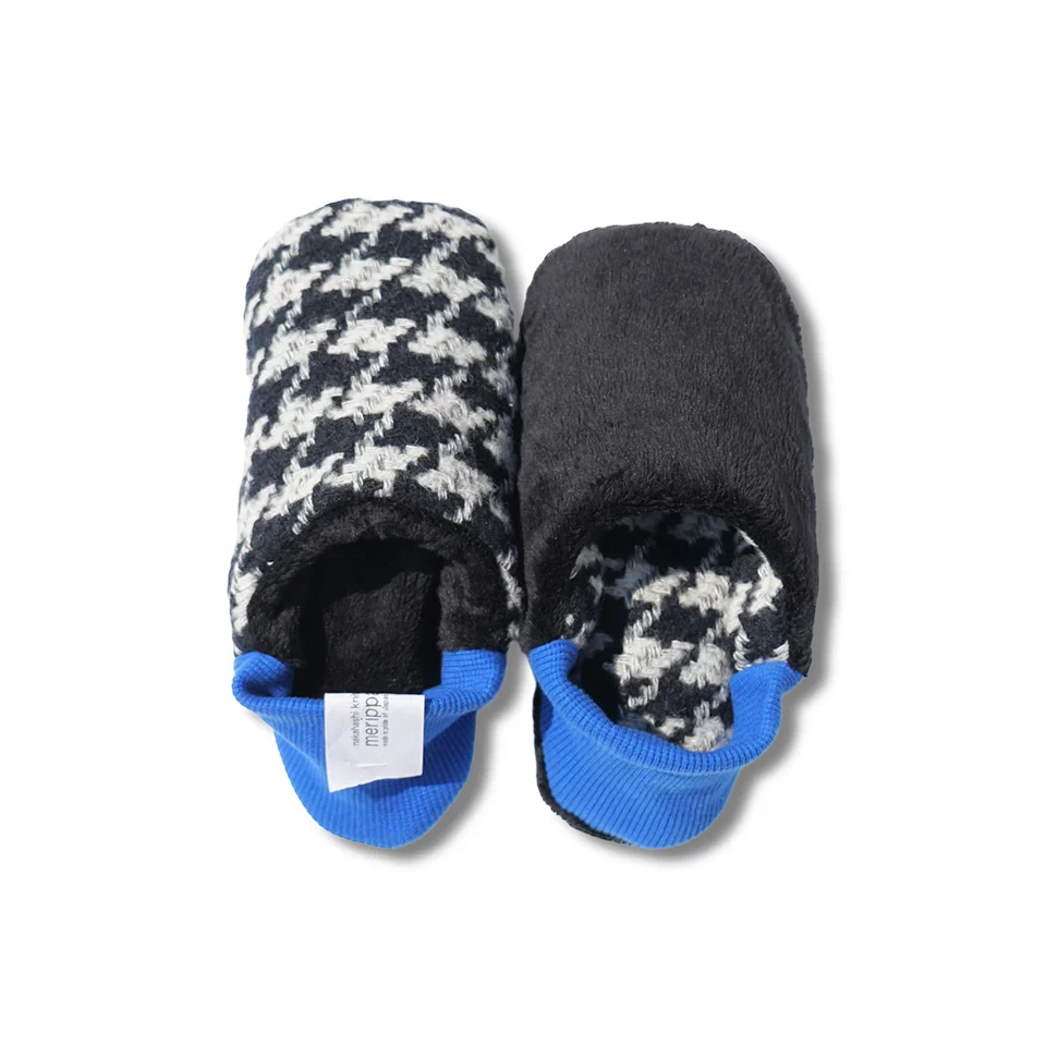 Merippa Houndstooth Check Tweed x Fur Blue Japanese Slippers