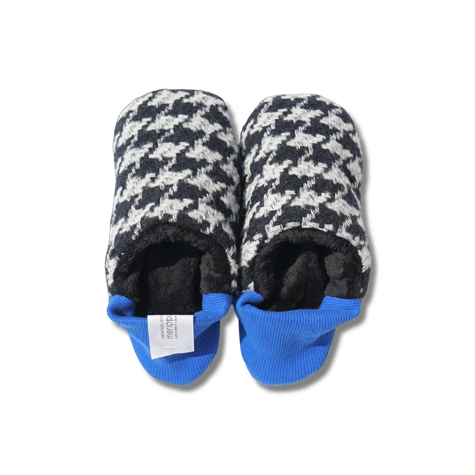 Merippa Houndstooth Check Tweed x Fur Blue Japanese Slippers - Image 2