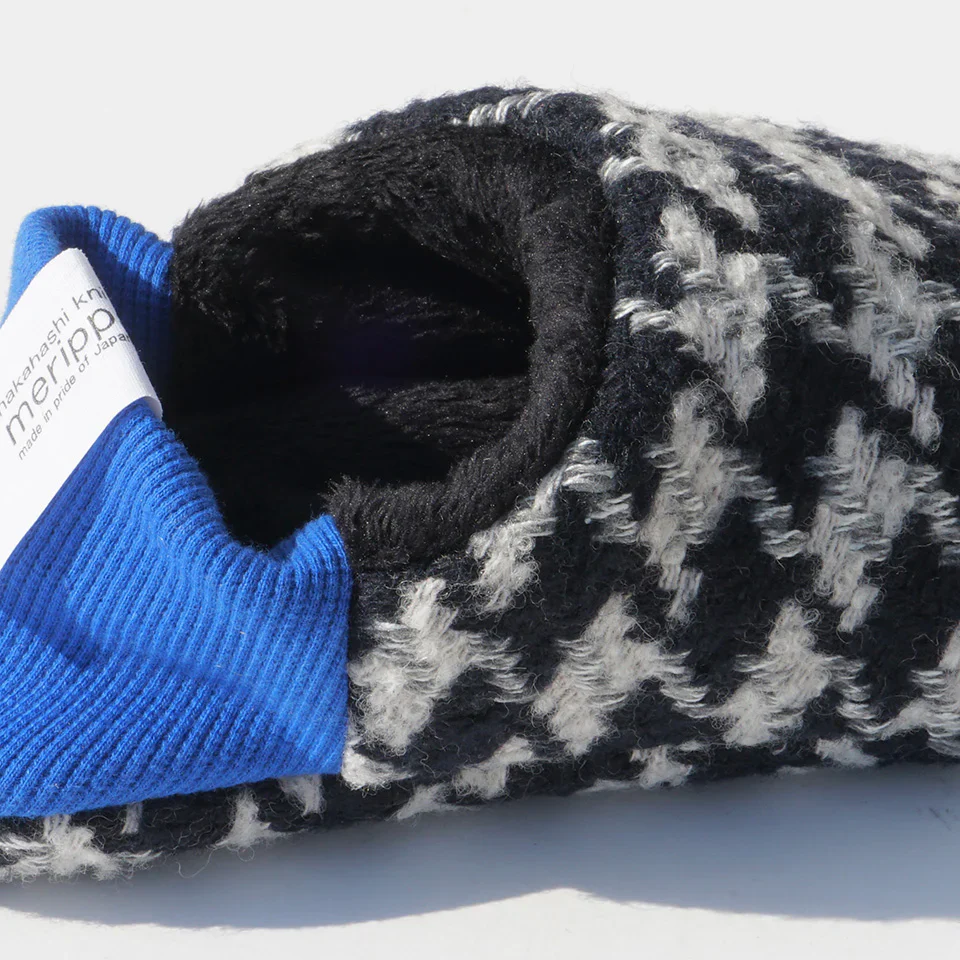Merippa Houndstooth Check Tweed x Fur Blue Japanese Slippers - Image 3