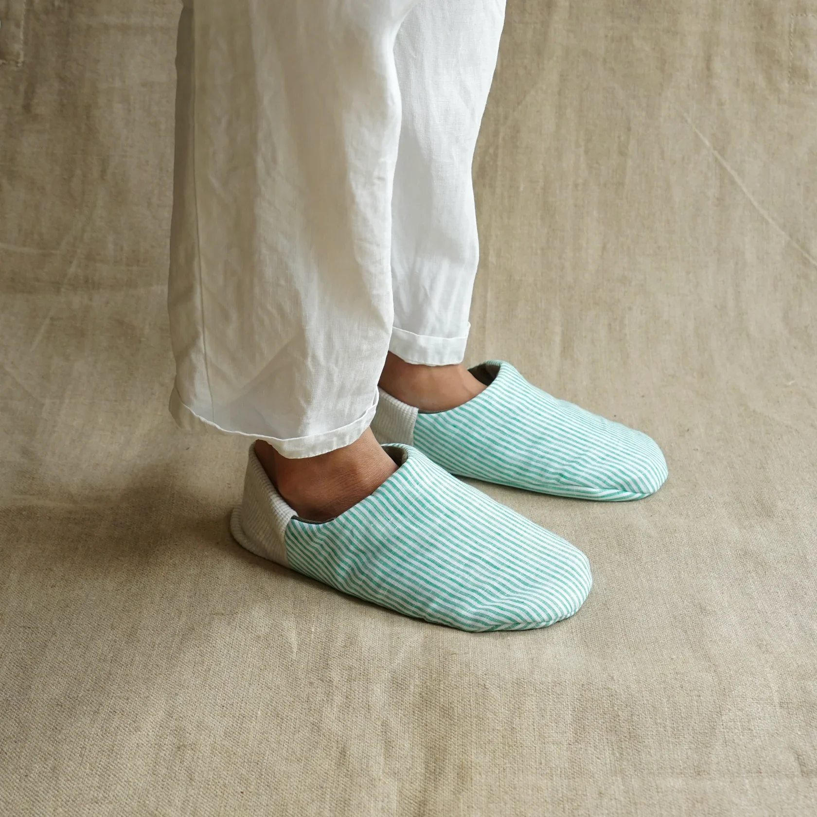 Merippa Linen Mint Stripe x Linen Olive Canvas Japanese Slippers - Image 4