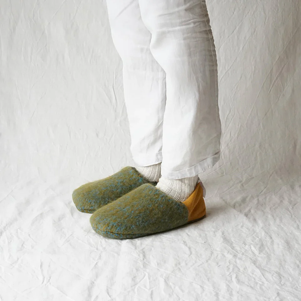 Merippa Melange Shaggy x Quilted Boa Green Japanese Slippers - Image 4