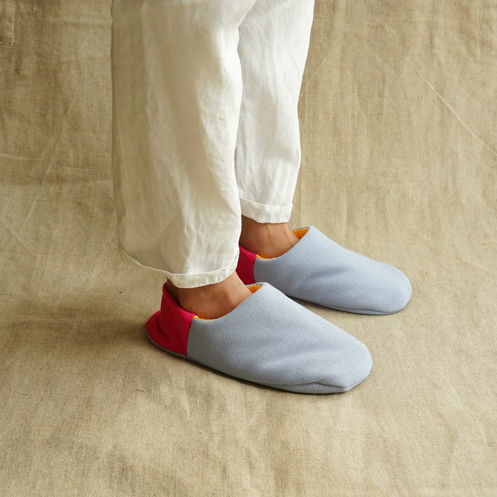 Merippa Mixed Tweed Light Grey x Soccer Fabric Yellow Japanese Slippers - Image 4