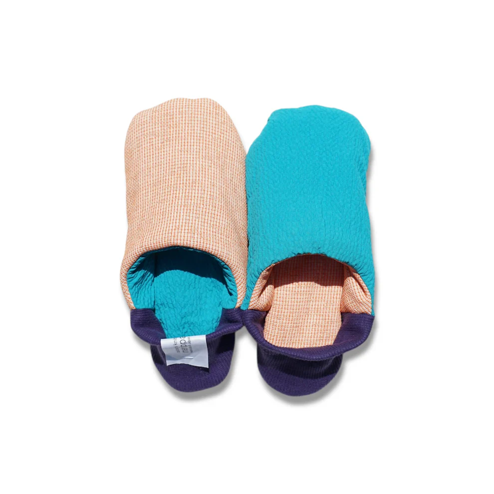 Merippa Mixed Tweed Peach x Soccer Fabric Turquoise Japanese Slippers