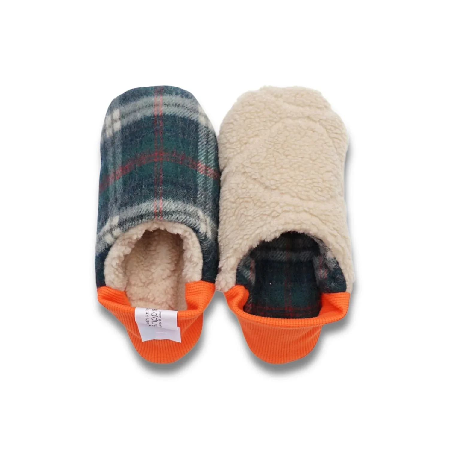 Merippa Shaggy Tartan x Quilted Boa Green Japanese Slippers